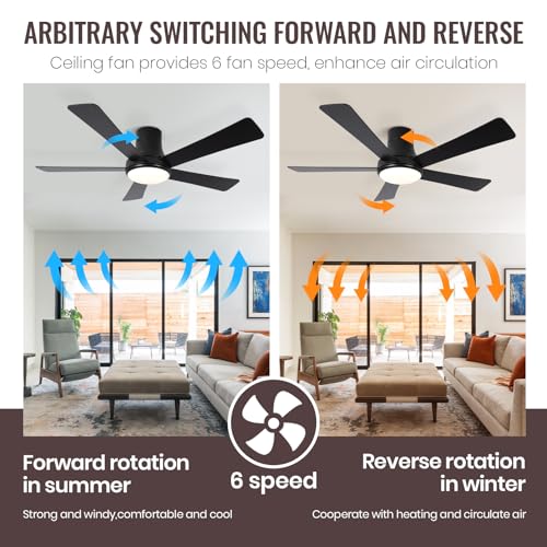 Image of 52 Inch Ceiling Fans with Lights and Remote, Flush Mount Black Ceiling Fan