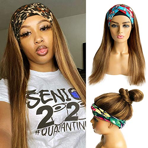 Straight Headband Wig Human Hair, Balayage 4/27 Brown with Honey Blonde Highlights Human Hair Headband Wigs for Black Women Colored Natural Hair Half Wig with Headband Attached 16 Inch 150% Density