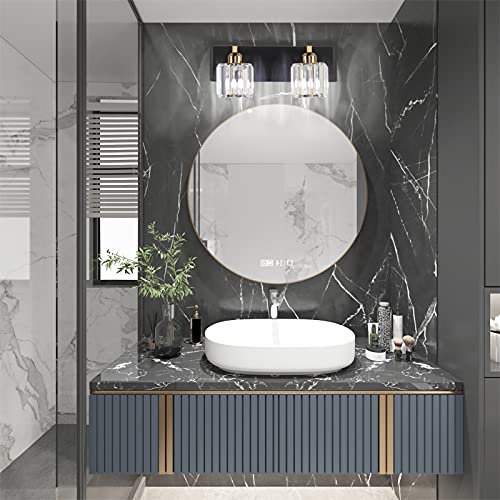 Image of Aipsun Vanity Lighting Fixtures for Bathroom Matte Black Vanity Lights Fixtures Crystal 2 Lights Wall Light Fixture Over Mirror(Exclude Bulb)
