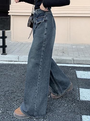 Image of Aahwan Women's Flared Fit High Rise Solid Wide-Leg with Flap Detailing Korean Jeans