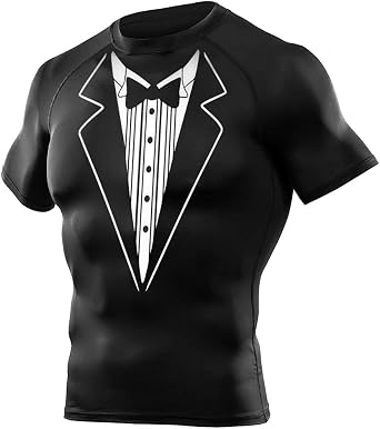 Unisex Funny Tuxedo Compression Short Sleeve Shirt BJJ Rash Guard for Team Training Party