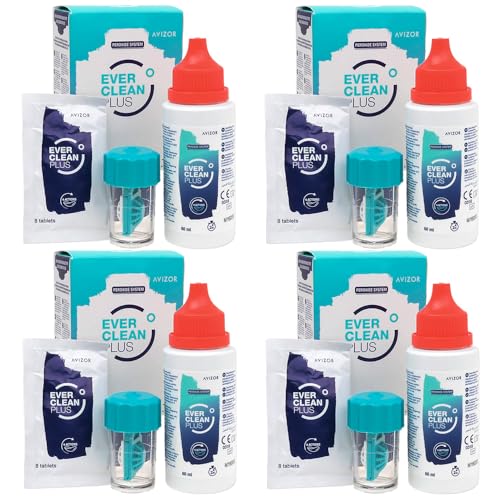 Avízor EVER Clean PLUS - Kit para viajes - Líquido para Limpieza y Desinfección de Lentes de Contacto - Eliminación Profunda de Depósitos de Lípidos - Ideal para Viajes - 4x60ml + 32 Tabletas