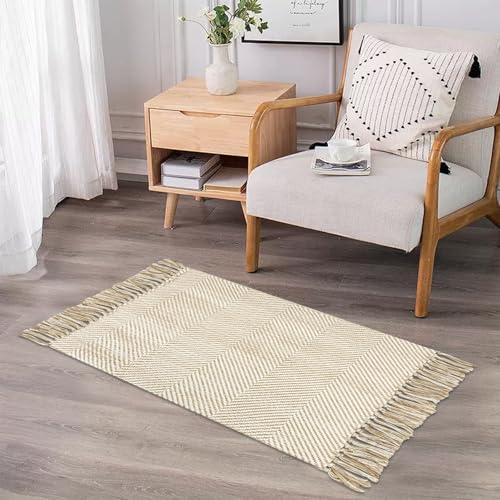 USTIDE Alfombra de algodón rústico tejida de sarga trenzada pequeña lavable para pasillo, entrada, alfombra moderna con flecos, 60 x 90 cm