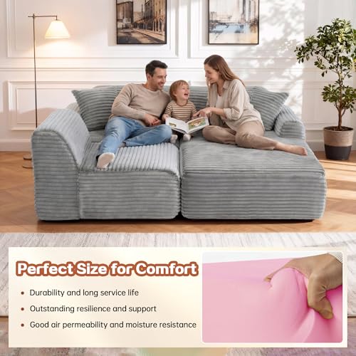 Image of KEIKI 2Seat Modular Boneless Sectional Corduroy Sofa Couch with Chaise for City Apartment Small Space Family Friendly Homeowners Warm Inviting Comfy Supportive Rest Space Premium Design Grey
