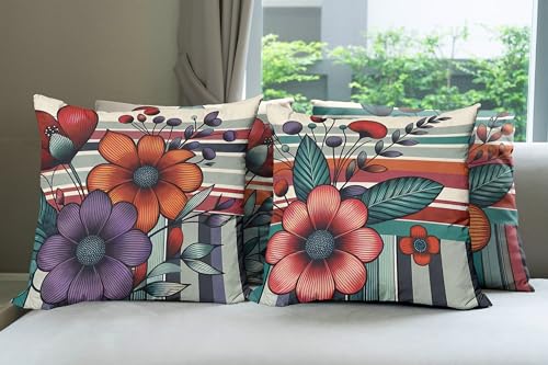 Ambesonne Floral Throw Pillow Cushion Cover Set of 4, Retro Bold Flowers in Colorful Design Stripe Bars Geometric Lines, Decorative Accent Double-Sided Printing, 24", Teal Dark Pink and Violet