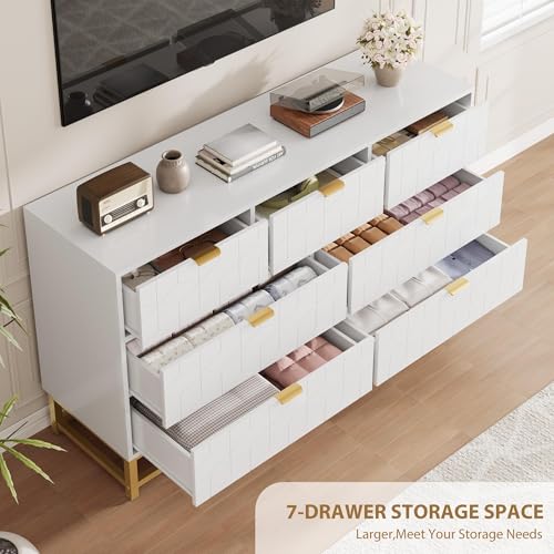 Dresser for Bedroom, 53.5" Wide Dresser Organizer, 7 Drawer with Golden Metal Handle and Legs, Modern Chest of Drawers for Closet, Hallway, Living Room, Entryway, White