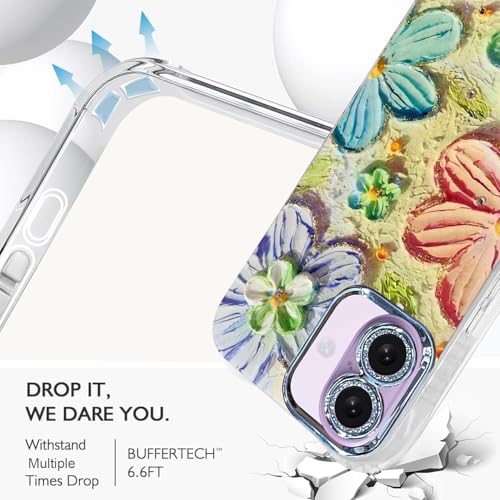 Image of Elzzi Compatible with iPhone 17 Case Oil Painting Flower Colorful with Lens Prtotection Shockproof PC+TPU Glossy Back Cover for Girls Women, Pink