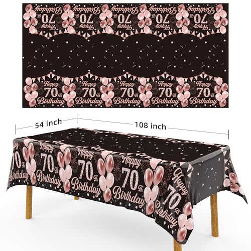 Image of Labeol 3 Pack 70th Birthday Decorations for Women - Happy 70th Birthday Tablecloth, Black and Rose Gold 70th Birthday Table Cover, 54 x 108 Inch Rectangular Disposable Party Supplies