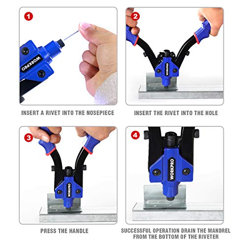 Workpro 10-Inch Pop Rivet Gun, Heavy Duty Riveter With 3 Interchangeable Heads (3 Nosepieces) And 100Pcs Rivets, 5-In-1 Hand Riveter Set For Metal, Plastic, Repairing Truck Bed, Fixing Highway Sign #TOP6
