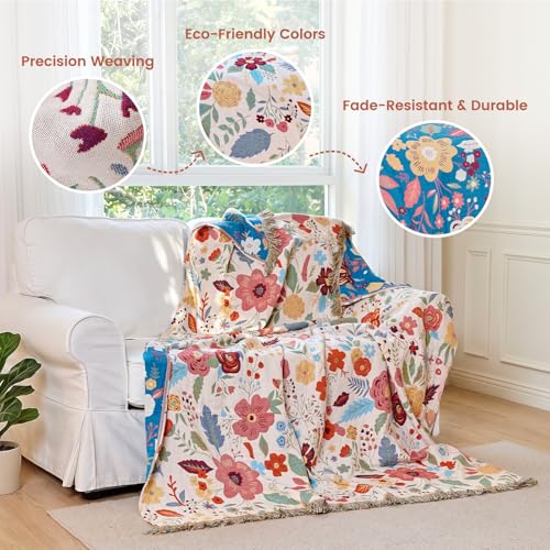 Image of MSGKV Boho Throw Blanket 50 inchx60 inch Fall Cotton Floral Blanket for Couch