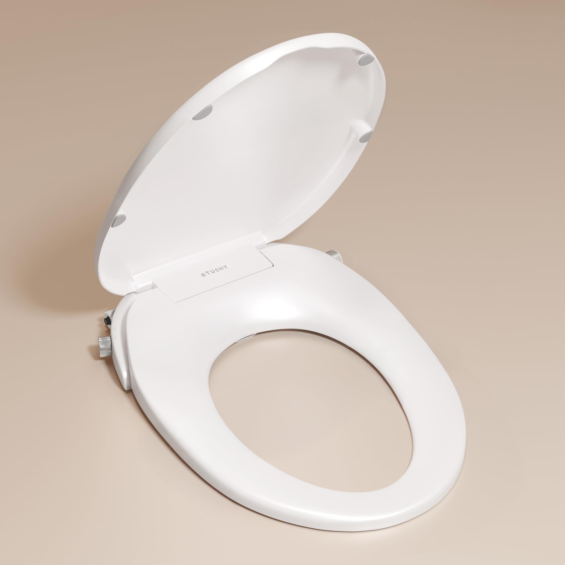 TUSHY Oasis Non-Electric Warm Water Bidet Seat, Elongated, Platinum Knob