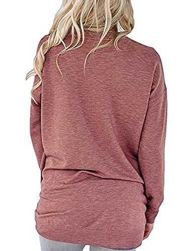 Women Solid Color Round Neck Casual Loose Long Sleeve Sweatshirt T-Shirts Tops Blouse Light Red