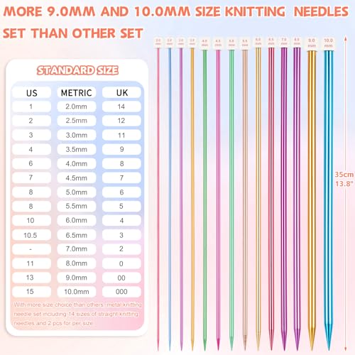 Reessy Coloured Knitting Needles Set-35cm Long, 28Pcs /14 Pairs Aluminium Single Pointed Needle 2 mm-10 mm, Long Knitting Needles, Straight Metal Knitting Needle with Soft Storage Case for Beginners - Image 4