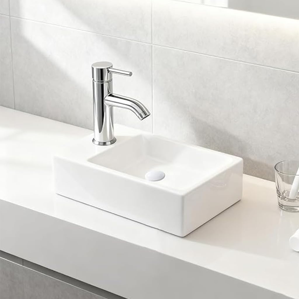 Fregadero de pared de cerámica blanca para baño pequeño, fregadero flotante rectangular de 14 x 7 pulgadas, fregadero moderno para colgar en la pared