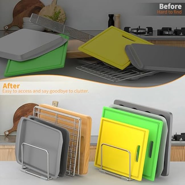 1-Pack Cutting Board Organizer, Cutting Board Holder Stand, Stainless Steel Cutting Board Holder, Cutting Board Storage Rack with 4 slots for Baking Sheet and Cookie Sheet,1.0+1.2 Inch Slots (1 PC)