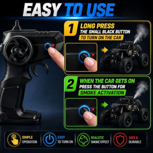 Image of Rock Crawler RC Car with Smoke Spray & LED Lights, 1:16 Scale Rechargeable Remote Control Monster Truck, High-Speed Off-Road Climbing with 5 Functions, Toy Car for Kids (Color as Per Stock)