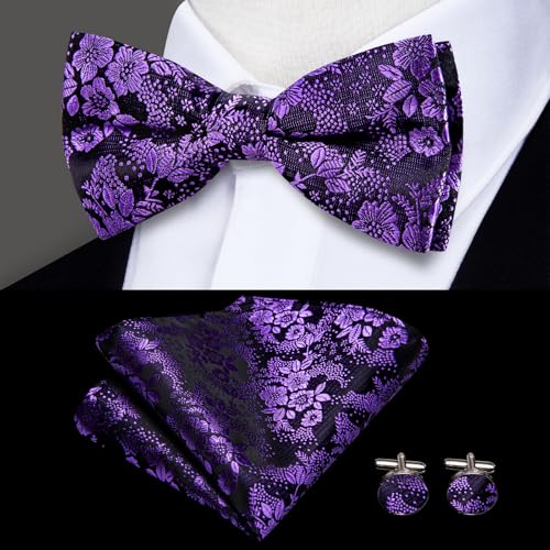 Image of Dubulle Mens Clips Suspenders and Pretied Bowtie Set Y Shape Adjustable Paisley Checks Braces Pocket Square,Black Purple