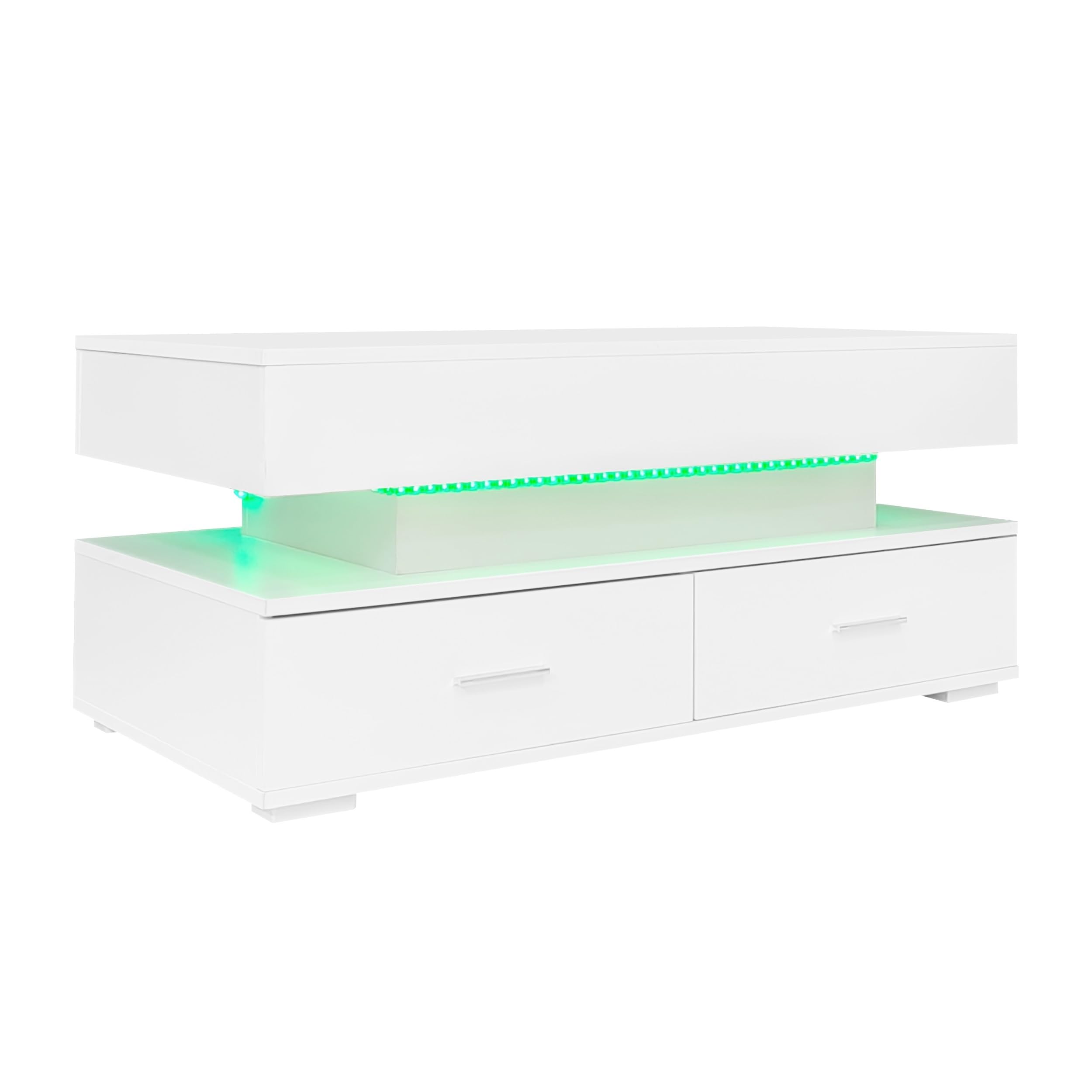 Stolik kawowy LED z regulacją wysokości, 100 x 50 cm, aplikacja Bluetooth i sterowanie muzyką, nowoczesny stolik kawowy z 2 szufladami i hydraulicznym miejscem do przechowywania, biały