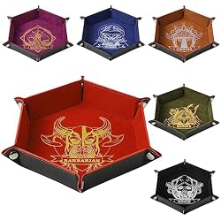 Grajar 6 Pcs DND Dice Tray with Characters Pattern for RPG D&D Table Games - Folding PU Leather and Velvet Rolling Holder Storage Box