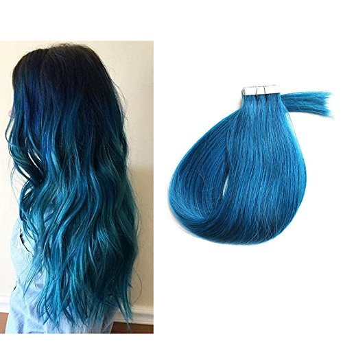 Tape in Human Hair Extensions Fashion Blue Silky Straight Skin Weft Human Remy Hair (22 inches, Blue)
