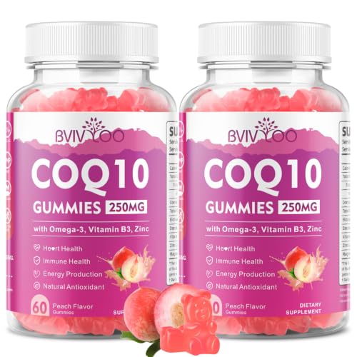 BVIVLOO CoQ10 Gummies 250mg with Omega-3, Vitamin B3, Zinc & Magnesium, High Absorption Coenzyme Q10 Supplement for Heart Health, Cellular Energy, Antioxidant Support, 2 Pack, 120 Count
