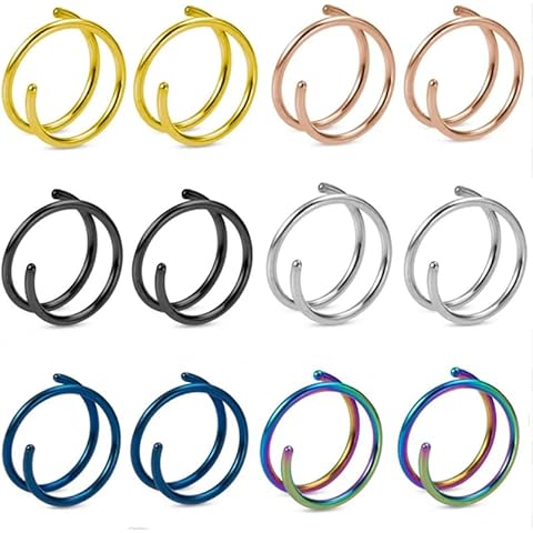 Double Nose Ring Hoops for Single Piercing Double Hoop Nose Ring 20 Gauge 8mm for Single Piercing Double Nose Ring Hoop Double Loop Spiral Nose Rings for Women Girls (20 Gauge 8mm, 12 Mixed Color) Cover