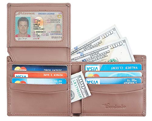 Travelambo Genuine Leather RFID Blocking Wallets Mens Wallet Bifold Classic (2 ID Window Napa Brown)