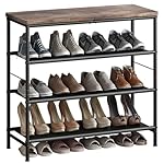 Shoe Rack Organizer 4 Tier Metal Organizer Shelf with Industrial MDF Board and Layer Fabric for Entryway Closet Bedroom Living Room Garage,Black & Rustic Brown