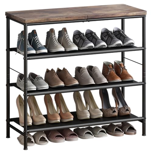 Shoe Rack Organizer 4 Tier Metal Organizer Shelf with Industrial MDF Board and Layer Fabric for Entryway Closet Bedroom Living Room Garage,Black & Rustic Brown