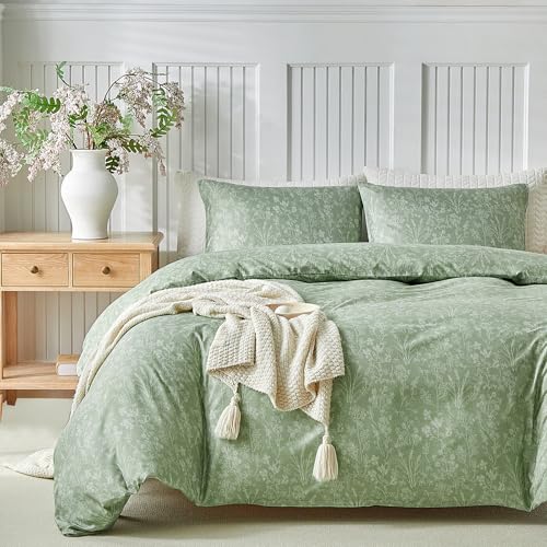 Image of Lekesky King Size Duvet Cover Set, White Floral Pattern King Size Duvet Cover, 3 Piece Green Comforter Cover with Zipper, Ultra Soft Microfiber Bedding Set with 2 Pillowcases