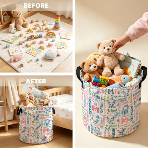 Image of Custom Elephant Laundry Hamper, Personalized Laundry Basket with Name, Customized Dirty Clothes Basket for Clothes Toy Bathroom Bedroom Storage,S-16.5 inchX 13.8 inch