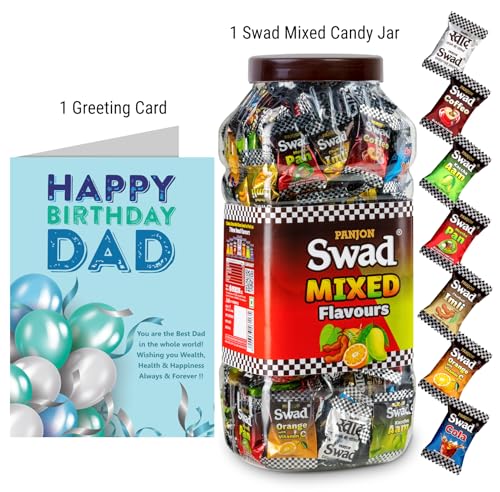 Image of Swad Happy Birthday Dad Papa Father Gift with Card (Swad Mixed Flavours Candy 200 Jar & 1 Greeting card) 2 units