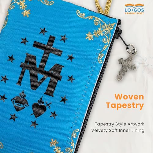Image of Catholic Rosary Pouch, 4 inch x 6 inch Jewelry & Coin Purse with Cross, Small Woven Tapestry Icon Bag, Bolsa de Rosario Catolico para Joyeria, Virgin Mary Immaculate Heart & Miraculous Medal Symbol, 4 inch x 6 inch