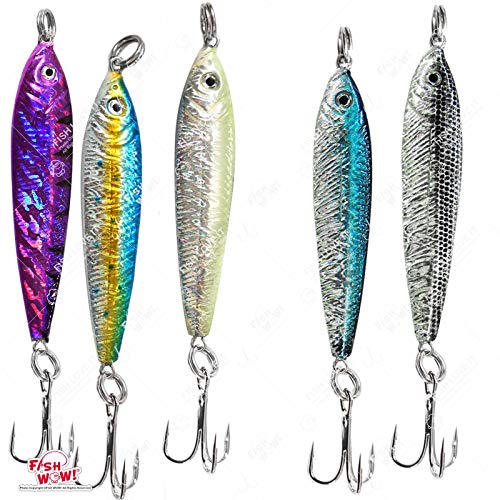 5pcs Fish WOW! 6.5oz Fishing Mega Live Metal Bait Jig with Treble Hook 5 Colors - Blue, Black, Glow, Blue Sardine, Purple