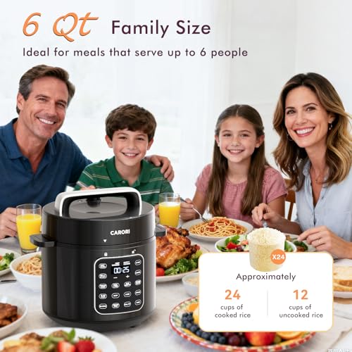 Image of 9-in-1 Electric Pressure Cooker 6 Quart Black, Stainless Steel Pot, 12 Preset Functions with Touchscreen, Safe Steam Release, Stew, Slow Cook, Rice, Saute, Warmer