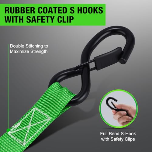 Image of Retractable Ratchet Straps (4-Pack) - 1 Inch x 10 Feet (1,650lb Break Strength) - Heavy Duty Auto Self Retracting Tie Down Straps for Motorcycle, ATV, UTV, Truck, Cargo Trailer - Green
