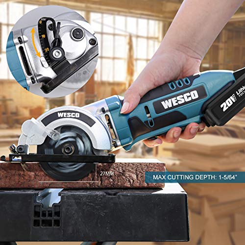 Cordless Circular Saw, WESCO 20V 3-3/8'' Mini Saw with 2.0Ah Lithium-Ion Battery and 1H Charger, MAX Cutting Depth 1-1/8