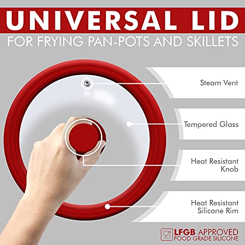 Frying Pan Lids for Cooking pots and Pan-Universal Glass Lid for Saucepan Lid and Frying Pan Lid-Heat Resistant Cooking Pan Lid-Anti Splash and Dishwasher Safe Lid for Pan-Wok Lid 24,26,28cm Lid-Red 3 Gallery Image