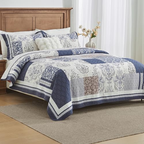DUOHONG 100% Cotton Quilt Set Queen Size - Floral Quilted Comforter, Patchwork Botanical Queen Quilt Bedspread, Reversible Vintage Farmhouse Lightweight Bedding for Queen Bed, 3pcs, Blue/Beige by DUOHONG - Used condition - Image 3