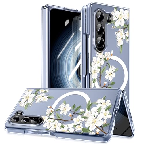 MIDIIUGCT Magnetic for Galaxy Z Fold 5 Case,Built-in Magnet Circle&Wireless Charging,Military-Grade Shockproof case Cover for Z Fold 5 [White Flower] MUS-CXDZ-03-03