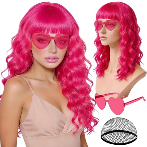 rookea Hot Pink Wave Wig for Women with Heart Sunglasses, Neon Long Curly Wavy Wigs with Hair Cap Colorful Big Wavy Curls Funny Hair for Cosplay Birthday Bachelor Party Halloween Christmas Costume