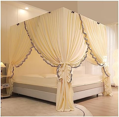 Bed Netting Canopy for Girls Mosquito Net Bed Frame Curtain Brackets 4 Corners Post Bed Curtain Canopy for Bedroom Decoration,Yellow,Full