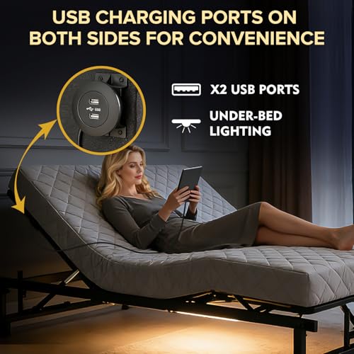 Image of Adjustable King Bed Frame with Head and Foot Incline Wireless Remote 4 Ports USB, Black Base, Under-Bed Nightlights, Zero Gravity Quiet Motor (Antique Black0)