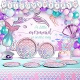 Party Inspo Mermaid Baby Shower Decorations for Girls, Our Little Mermaid Is On The Way Backdrop Balloon Its a Girl Banner Tablecloth Cake Cupcake Topper Box Cutout for Mermaid Themed Girls Party