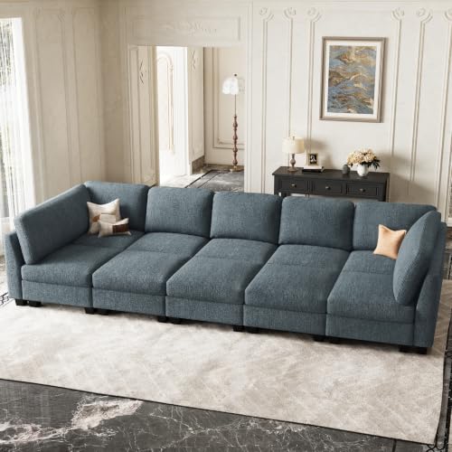 Image of Belffin Cloud Couch with Deep Seat Linen Sectional Sleeper Sofa Apartment Couch. Blue Grey Sofa