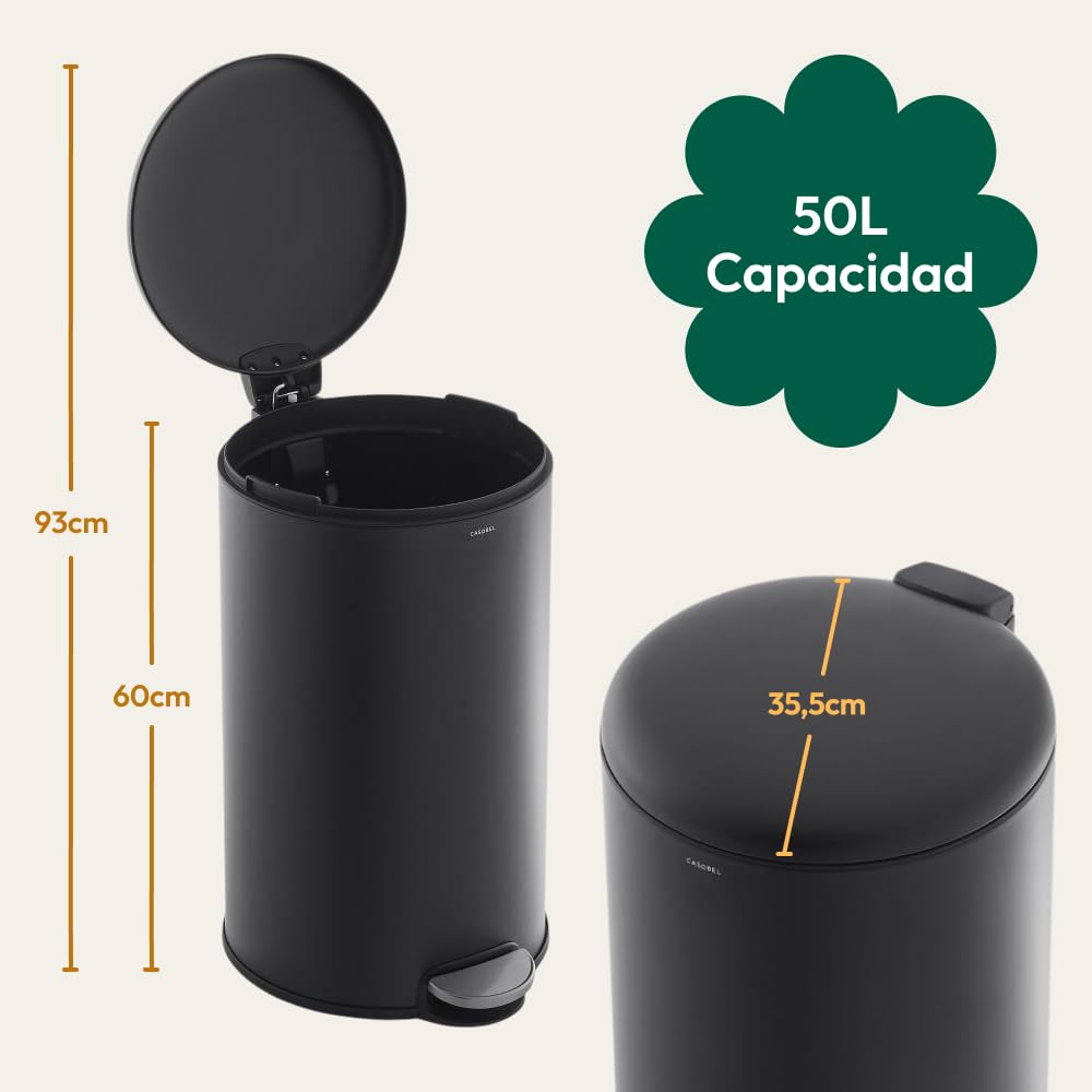 CASABEL Cubo de basura de cocina redondo 50L, acero inoxidable, negro | Apertura con pedal, Cierre suave, Acero antihuellas, Aro de sujeción de bolsa, Asa de transporte, Fácil mantenimiento