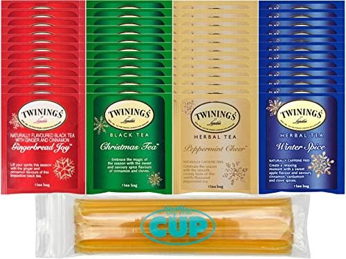 By The Cup Twinings Black & Herbal Seasonal Tea Bag Collection with By The Cup Honey Sticks, 4 Winter Flavors, 48 Tea Bags