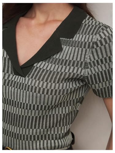 SweatyRocks Women's Striped Short Sleeve Sweater Lapel V Neck Business Casual Work Knit Tops4