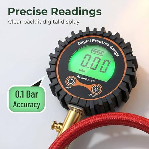 Image of SUVCARMPING 250 PSI Digital Tire Pressure Gauge, Heavy Duty Air Pressure Gauge (±1% Accurate) with LED Backlit LCD Screen, Integrated Bleeder Valve and 4-Way Valve Tool for Heavy Trucks RVs Cars, Red
