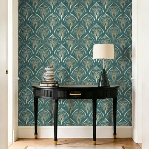 ICOOP Art Deco Peel and Stick Wallpaper Green and Gold Vintage Wa...